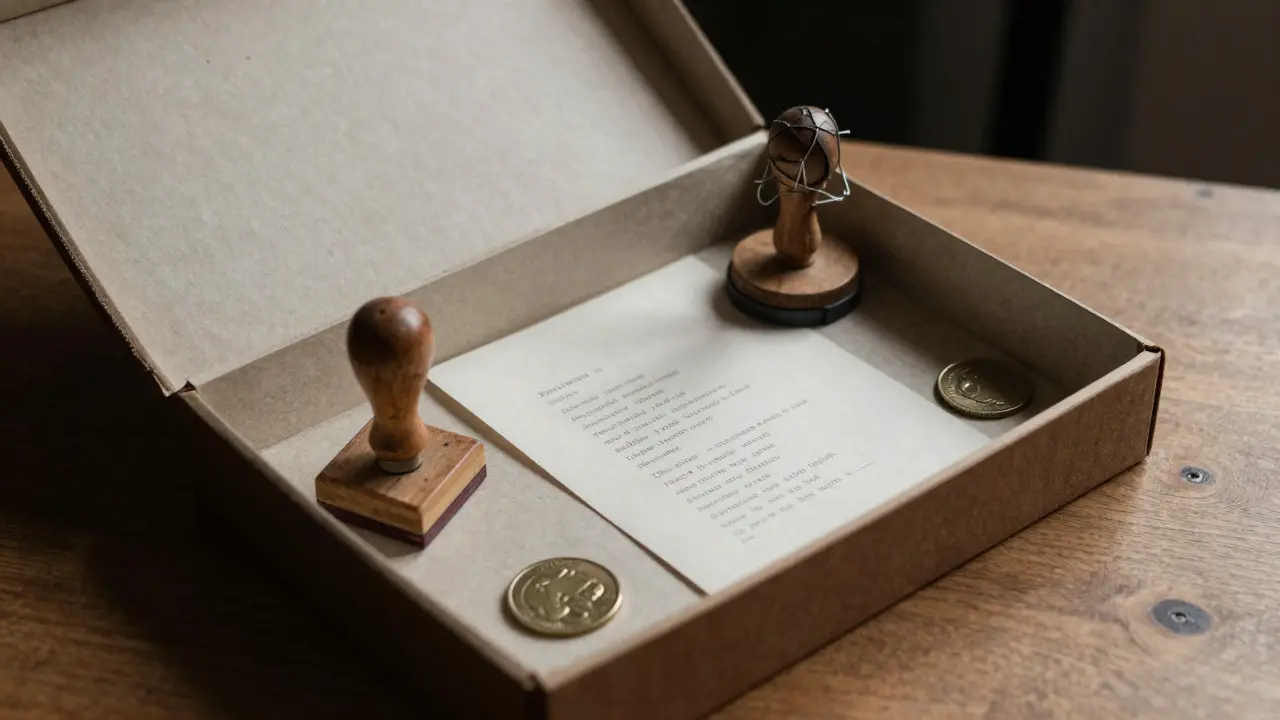 Open vintage Fluxus edition box containing stamps and poems