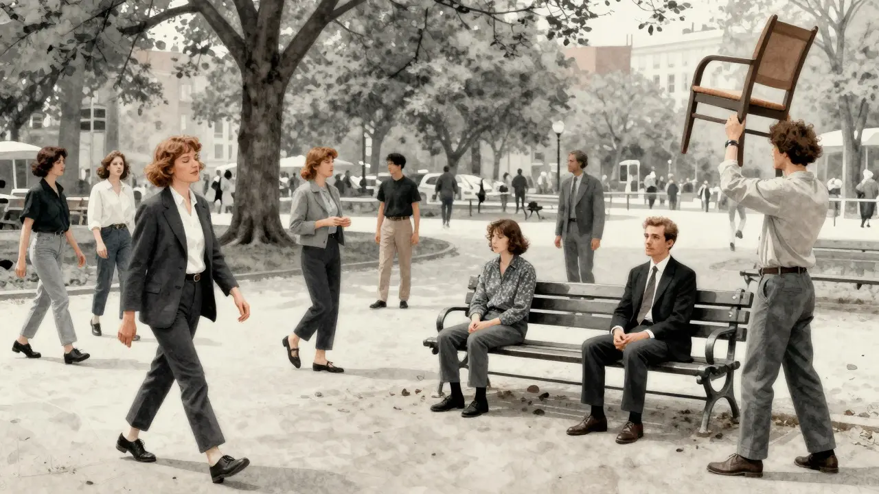 People participating in a spontaneous Fluxus happening in a park