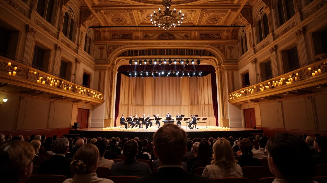Wide view of a historic concert hall with audience watching a symphony