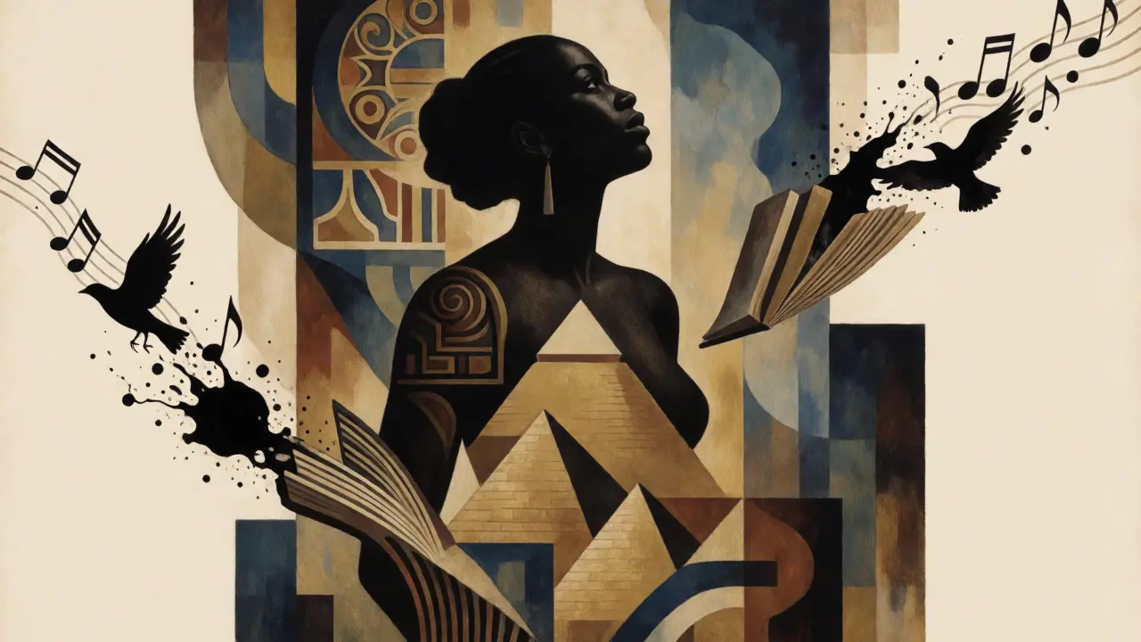 Art Deco style illustration of a Black figure merged with African heritage symbols