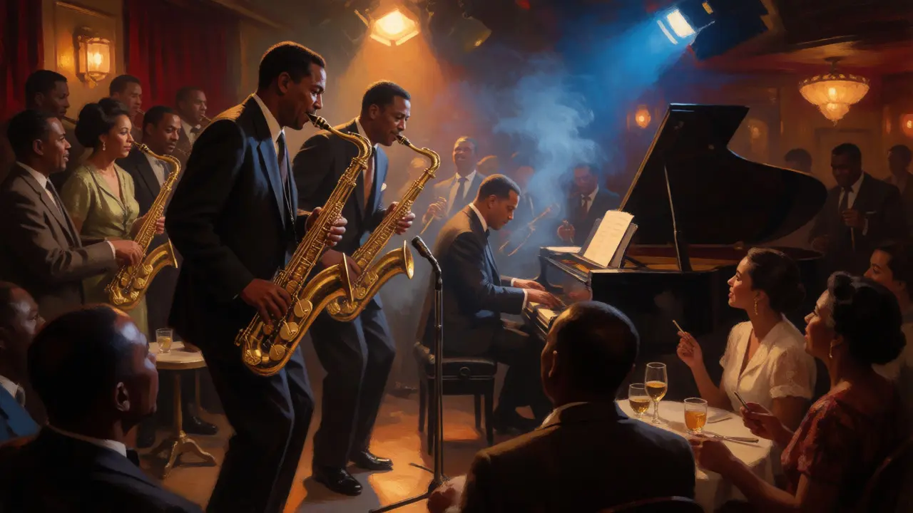 Jazz band performing on stage in a smoky, warmly lit Harlem nightclub