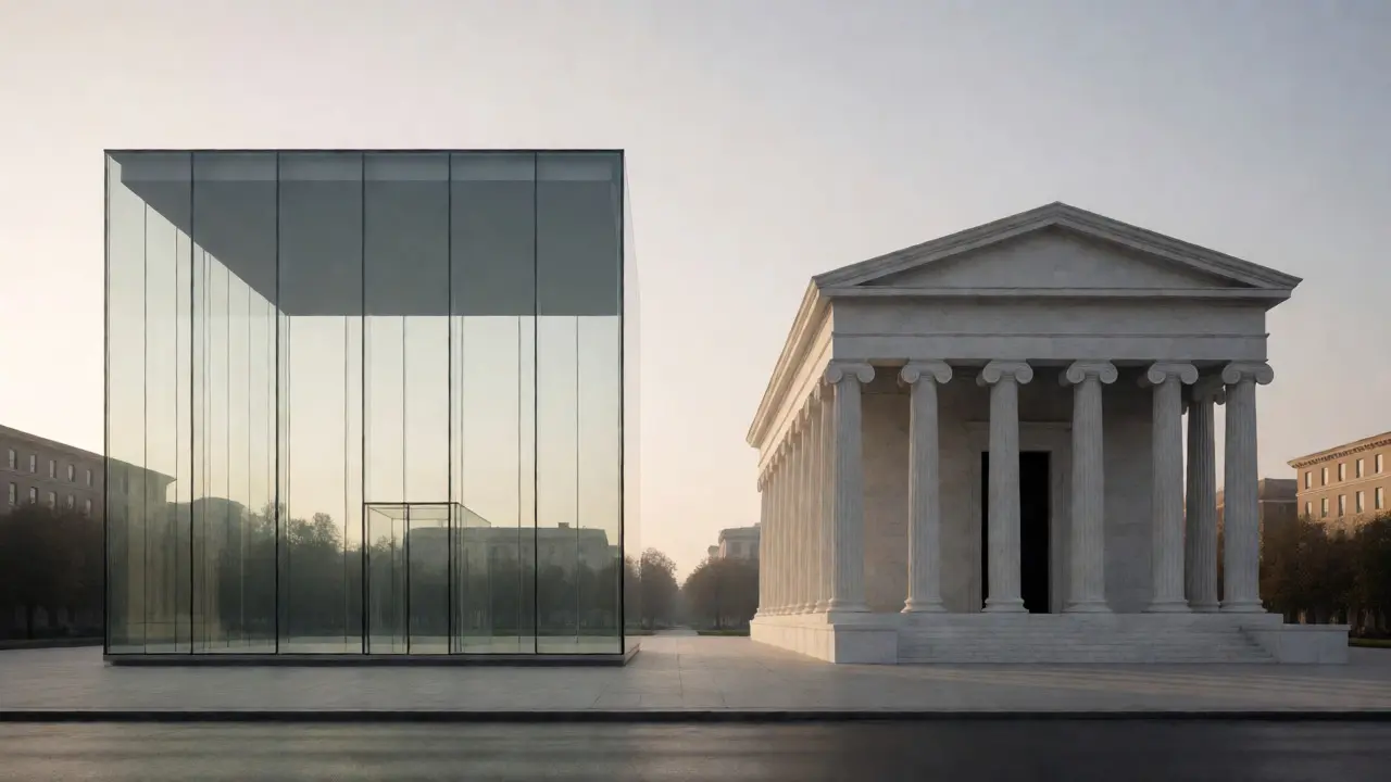 Modern glass building next to classical temple illustrating architectural symmetry