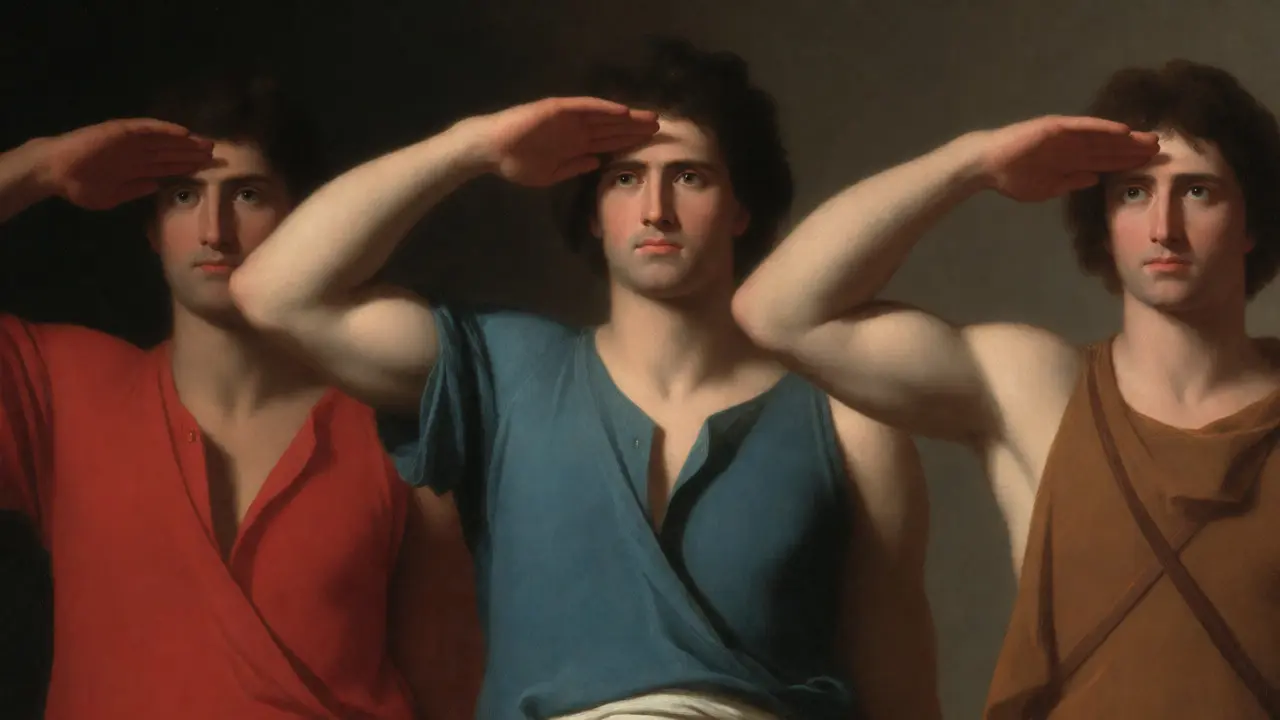 Neoclassical painting of three men saluting with sharp outlines and muted colors